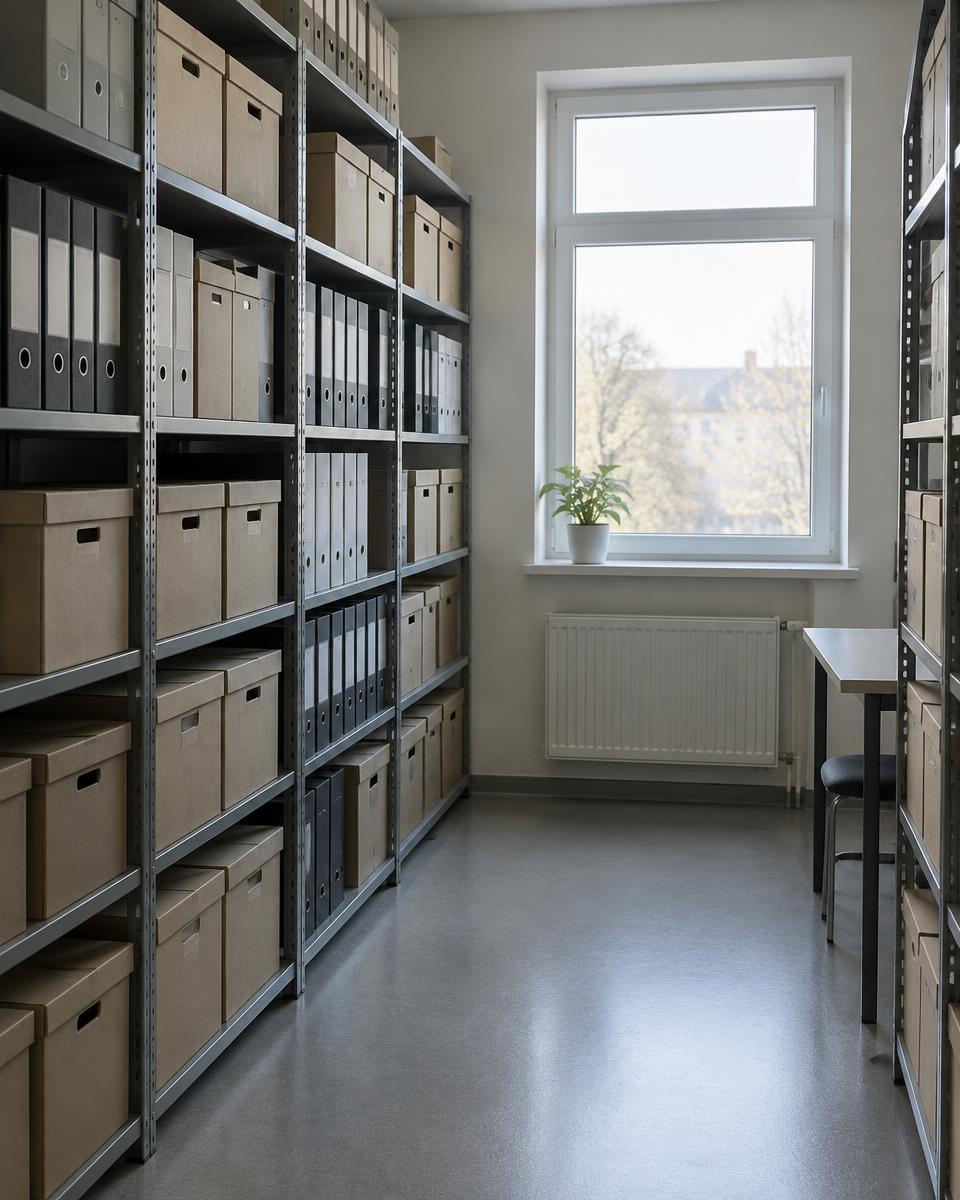 Een opgeruimde archiefruimte met archiefdozen en ordners in stellingen