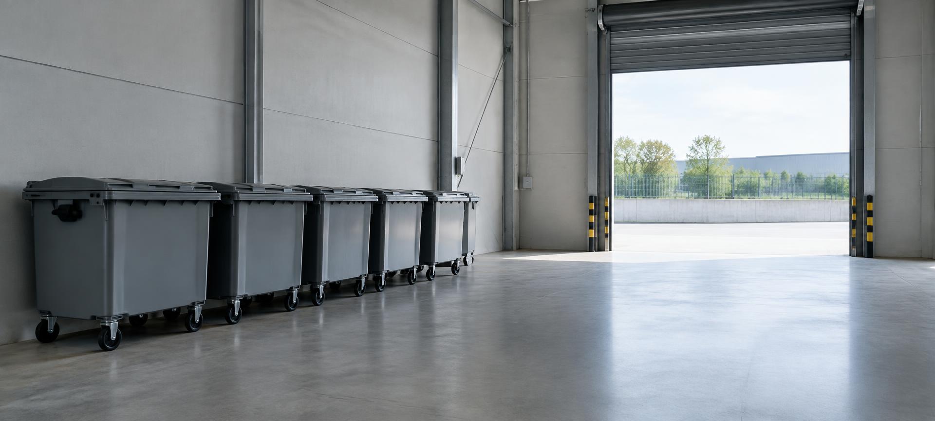 Laadruimte van een bedrijfshal met gesloten grijze containers op een rij