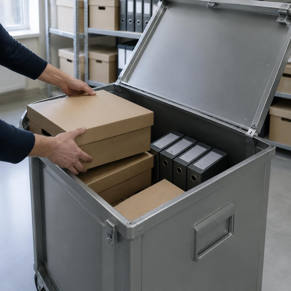 Archiefdozen en ordners worden in een gesloten metalen rolcontainer gelegd