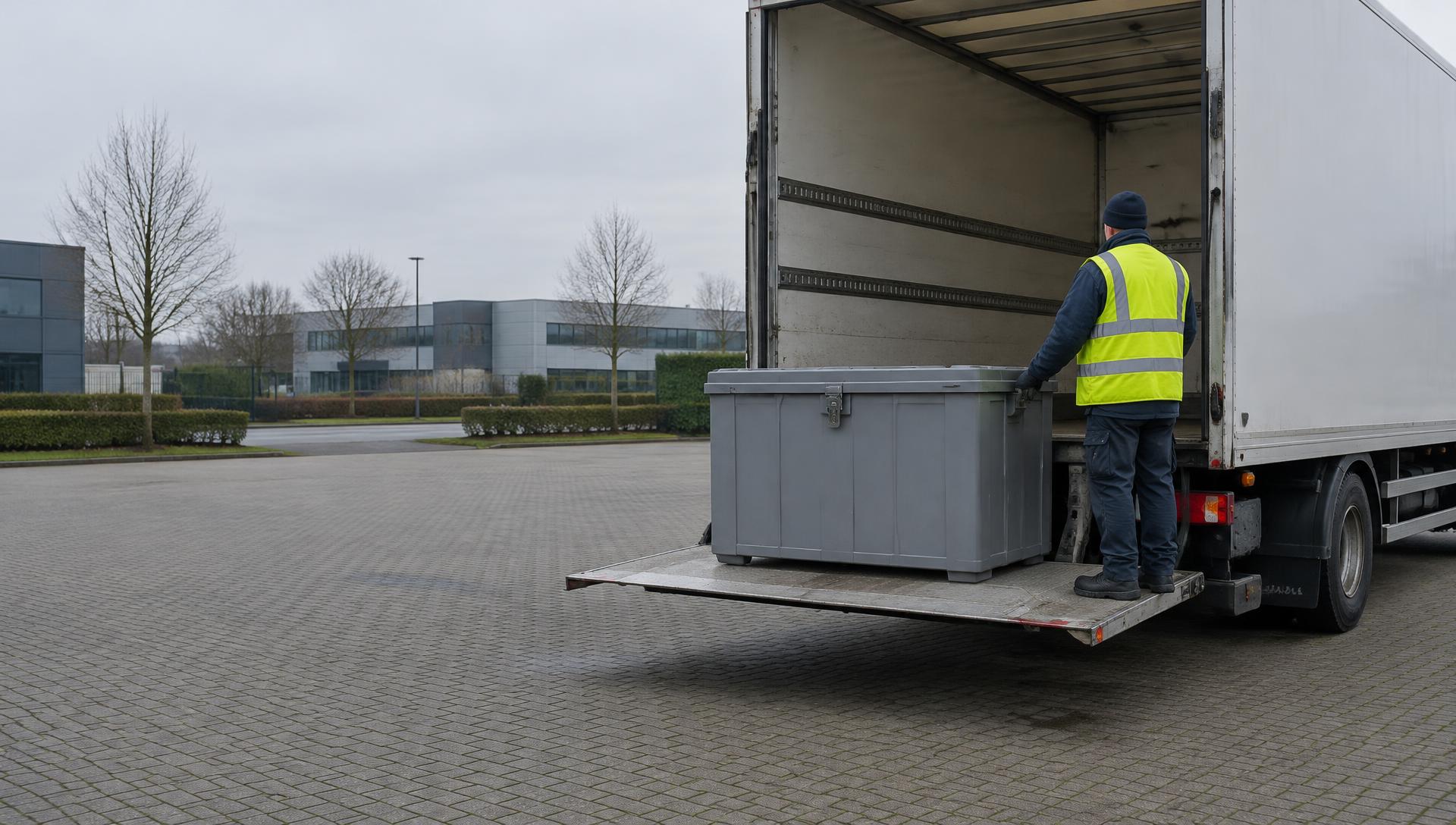 Een vrachtwagen laat een gesloten grijze container zakken met de laadklep op een bedrijventerrein